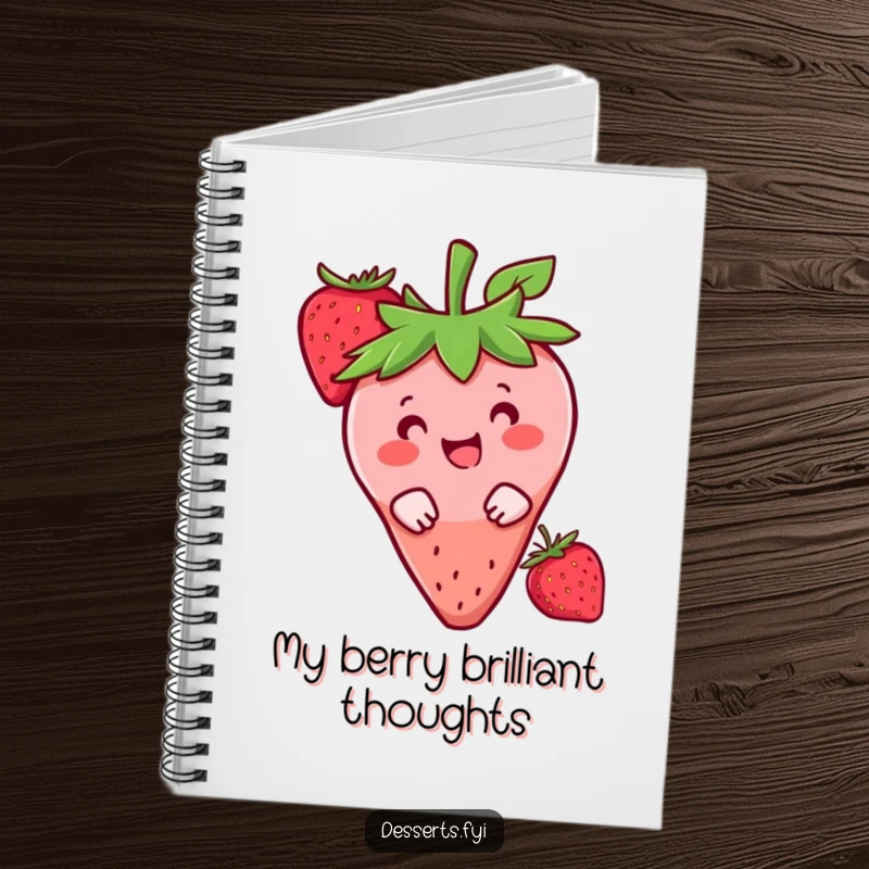 Funny notebook with a happy strawberry character peeking from behind a berry, perfect for jotting down sweet ideas.