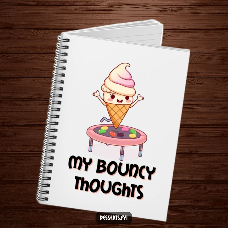 Funny playful ice cream cone character bouncing on a jelly bean trampoline on a notebook cover, inspiring energetic thoughts.