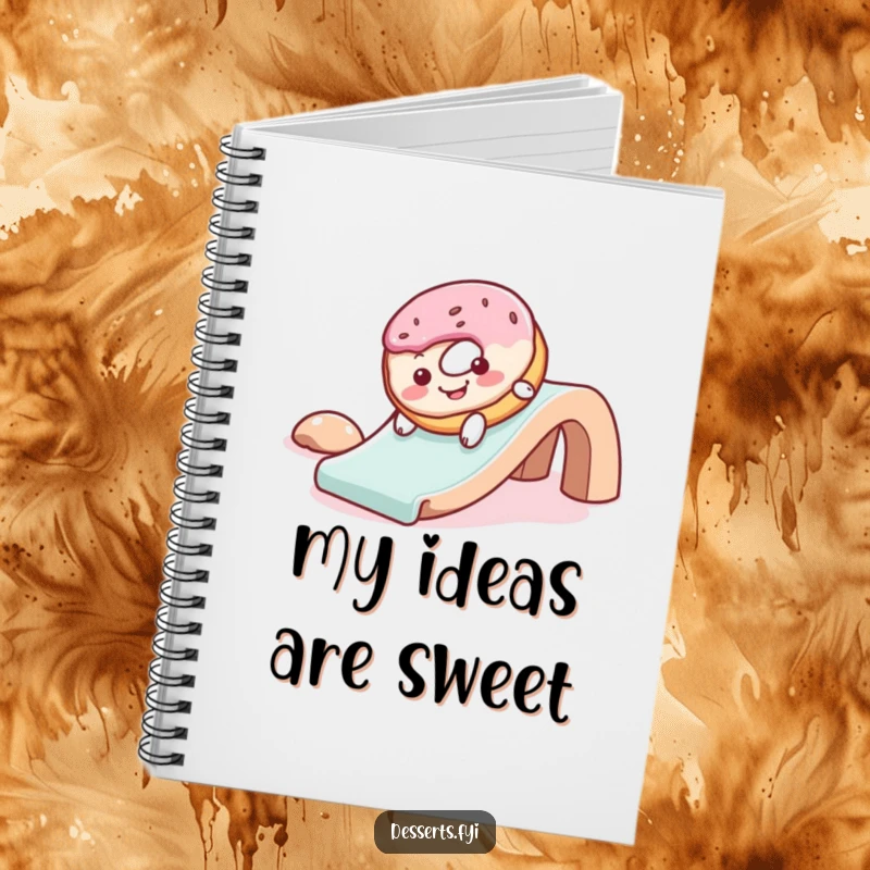 Funny notebook featuring a cheerful donut with frosting, gleefully sliding down a slide, ideal for jotting down notes with a splash of fun.