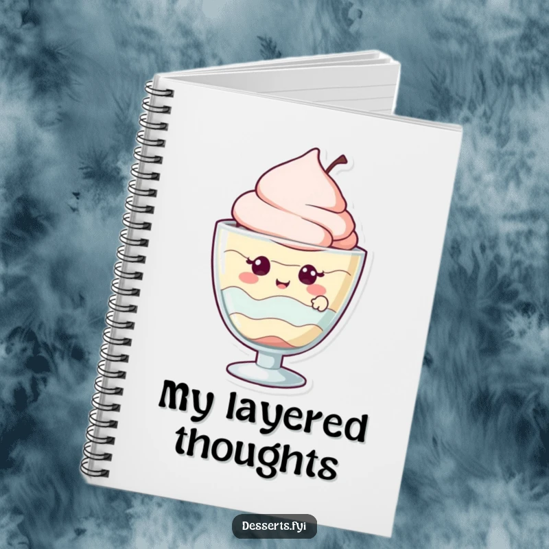 Funny notebook featuring a giggling parfait character peeking out from its glass, ideal for sweet notes.