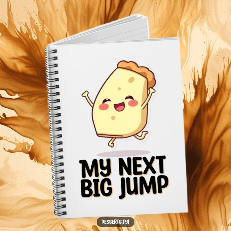 Funny notebook cover featuring a cheerful slice of pie character mid-leap, perfect for jotting down creative ideas and sweet thoughts.