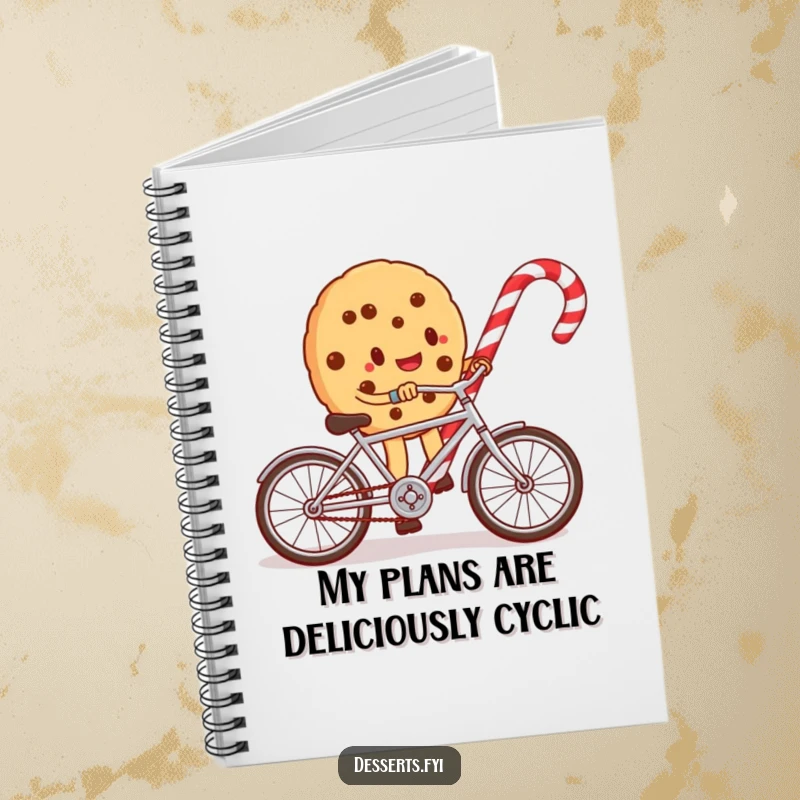 Funny notebook cover featuring a whimsical cookie character riding a small bike around a candy cane, perfect for jotting down funny thoughts.
