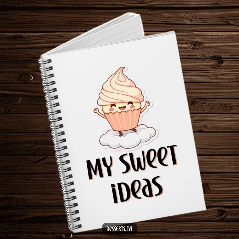 Funny Notebook: A smiling cupcake character dances joyfully on a whipped cream cloud, designed for sweet and humorous writing.