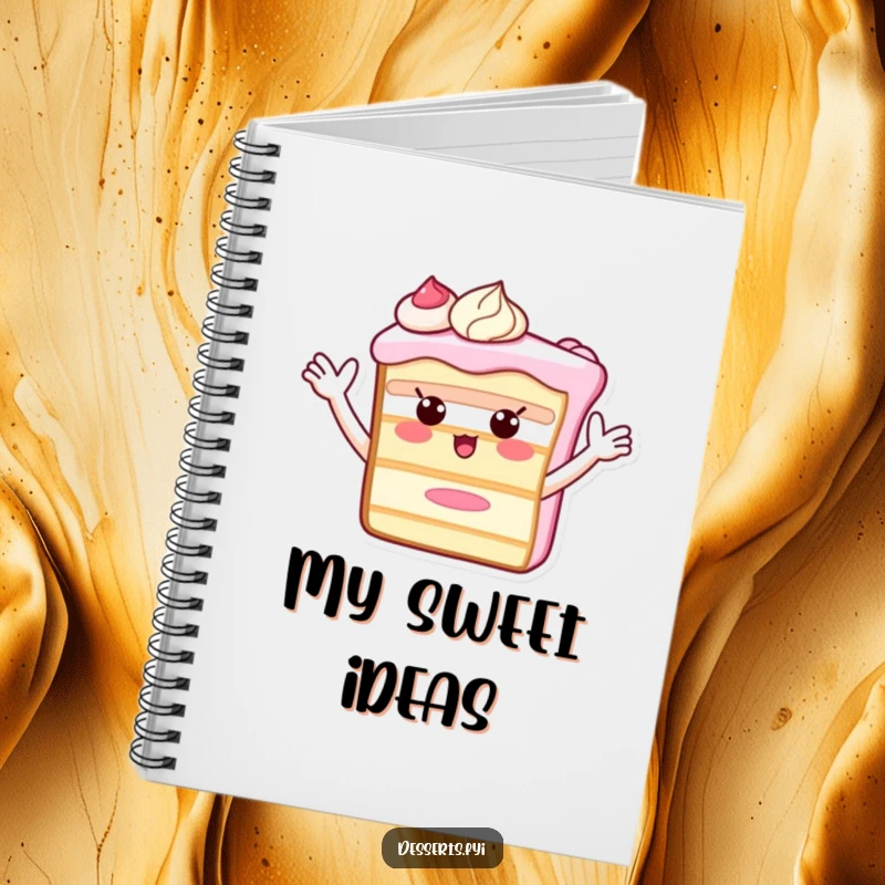Funny Notebook featuring a playful cake slice with frosting arms waving hello, inspiring creative thoughts and joyful writing for users.