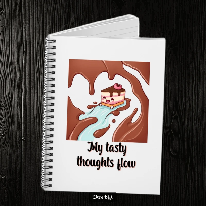 Funny smiling cake character sliding down chocolate syrup river on a notebook cover, ready for notes and funny thoughts.