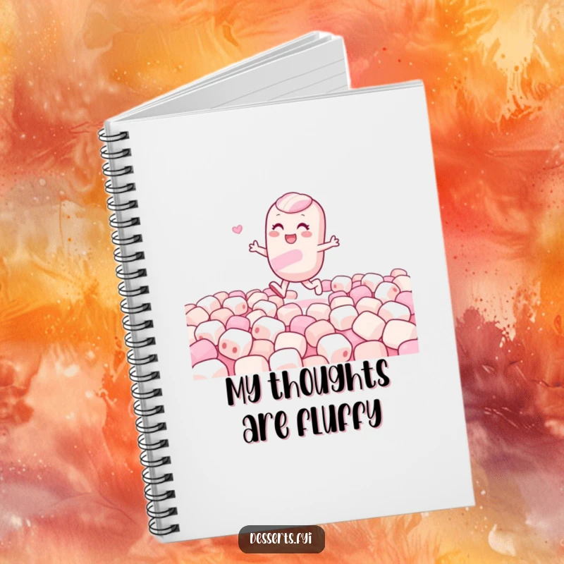 Funny notebook cover featuring a gleeful candy character skipping through a marshmallow field, ideal for capturing sweet ideas and funny notes.