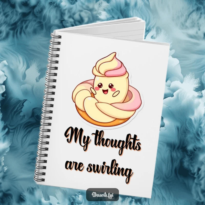 Funny notebook cover featuring a cheerful pastry character twirling around a swirl of frosting, ideal for jotting down sweet ideas and funny thoughts.