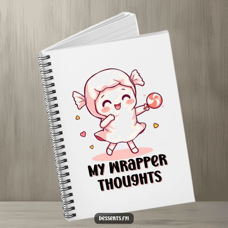 Funny notebook featuring a playful candy wrapper dancing with a piece of candy, perfect for jotting down sweet ideas and moves.