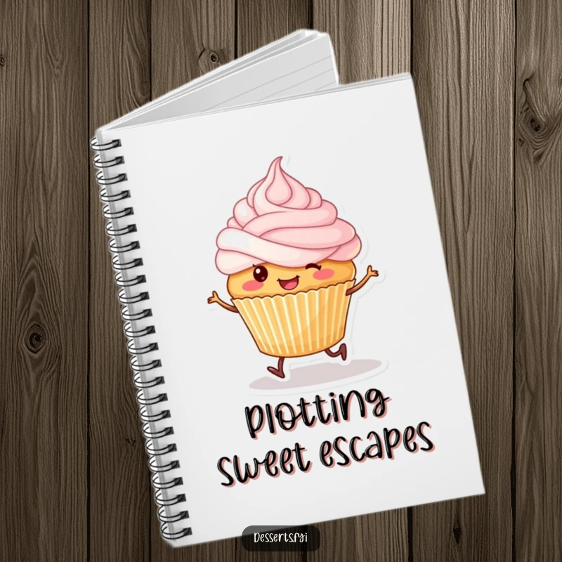 Funny notebook with a smiling cupcake character on tiny legs happily skipping, frosting on its head.