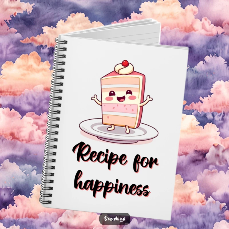 Funny notebook with a smiling slice of cake character doing a little dance on a plate, perfect for jotting down sweet ideas humorously.