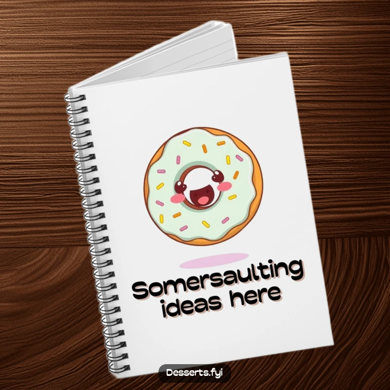 Funny notebook cover with a cheerful donut character doing a somersault, ideal for jotting down energetic ideas.
