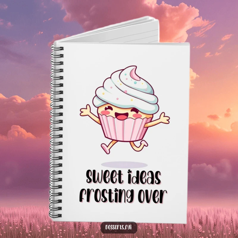 Funny cupcake notebook, a character leaping with sparkly frosting on the cover, inspiring sweet thoughts and creativity.