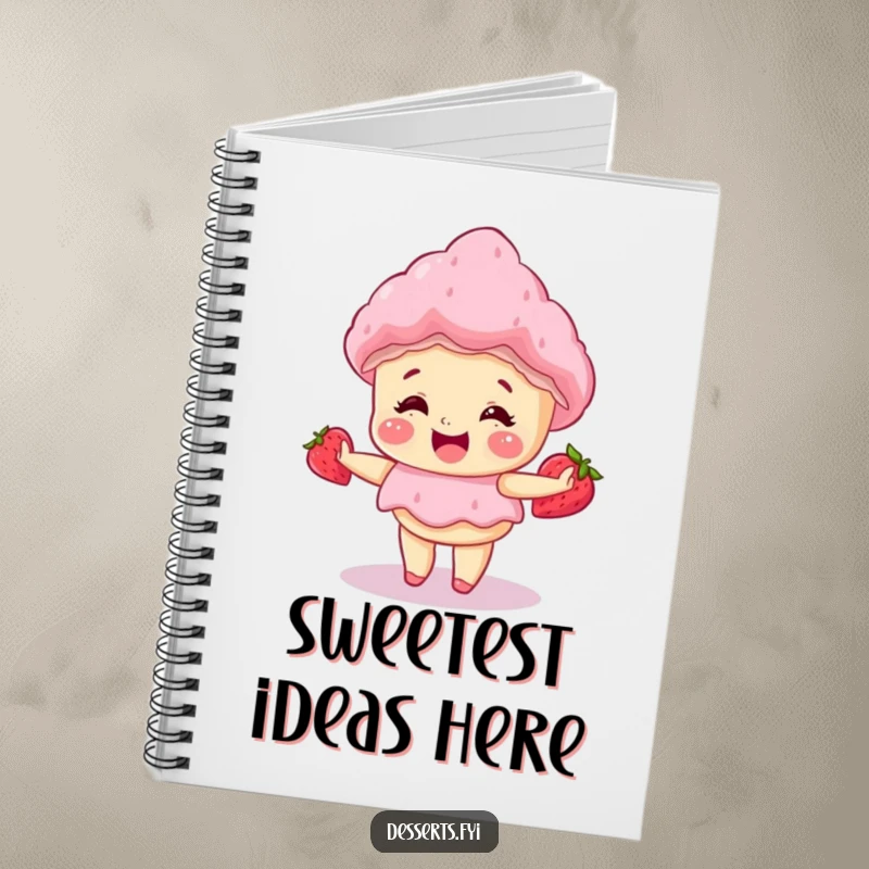 Funny notebook featuring a giggling strawberry shortcake doing a happy little spin, perfect for jotting down sweet ideas and recipes.