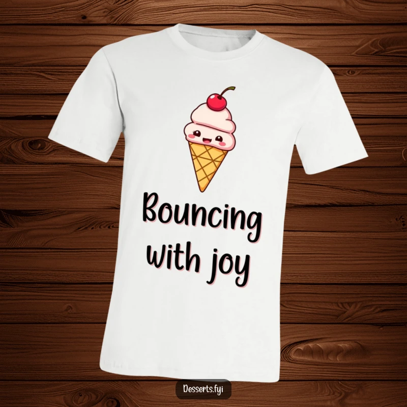Funny t-shirt depicting a giggling ice cream cone with a cherry on top bouncing with infectious delight.
