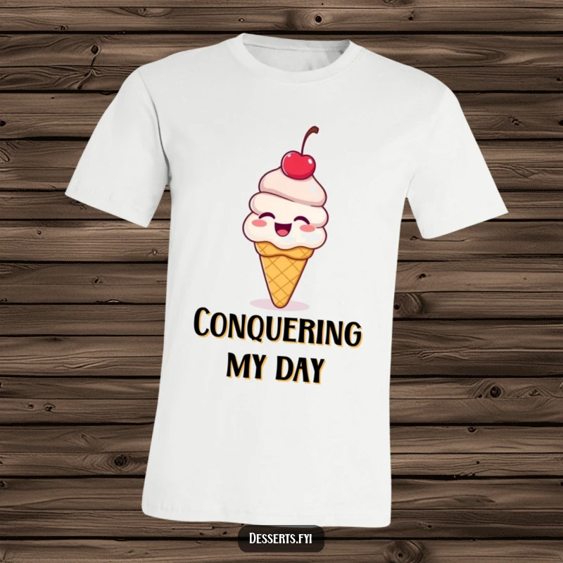 Funny ice cream cone t-shirt, a dessert with a cherry on top giggling and bouncing with delight, showcasing energetic fun and a playful attitude.