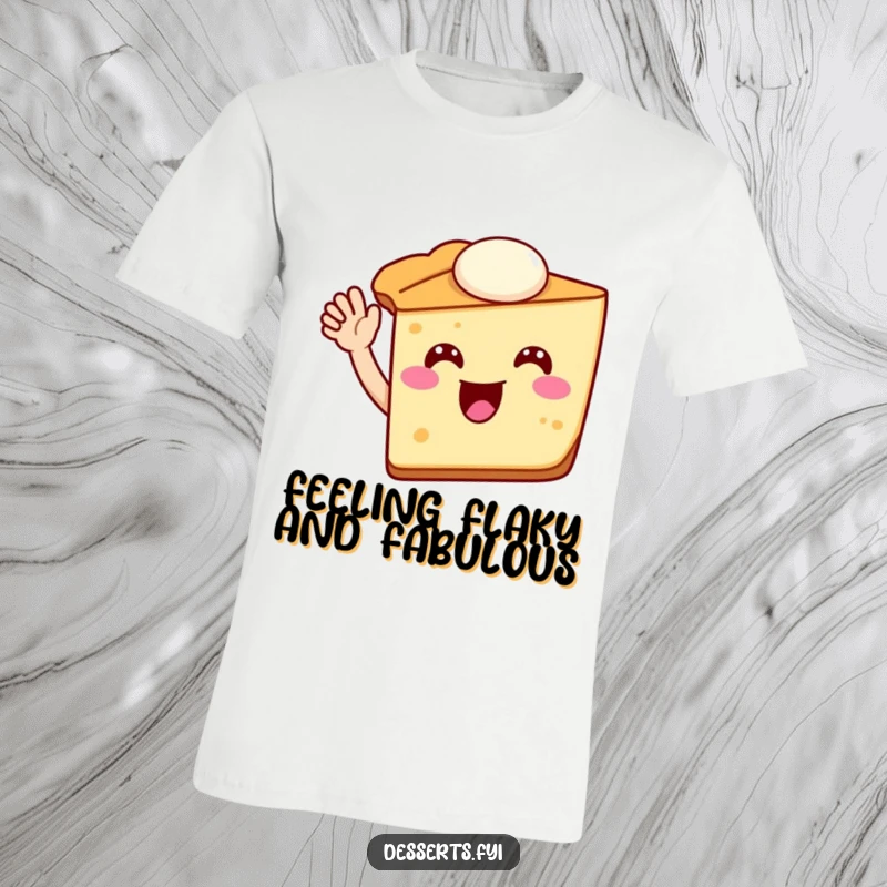 Funny pie slice t-shirt with a jovial pie character waving happily, symbolizing enthusiasm and a sweet, lighthearted spirit.