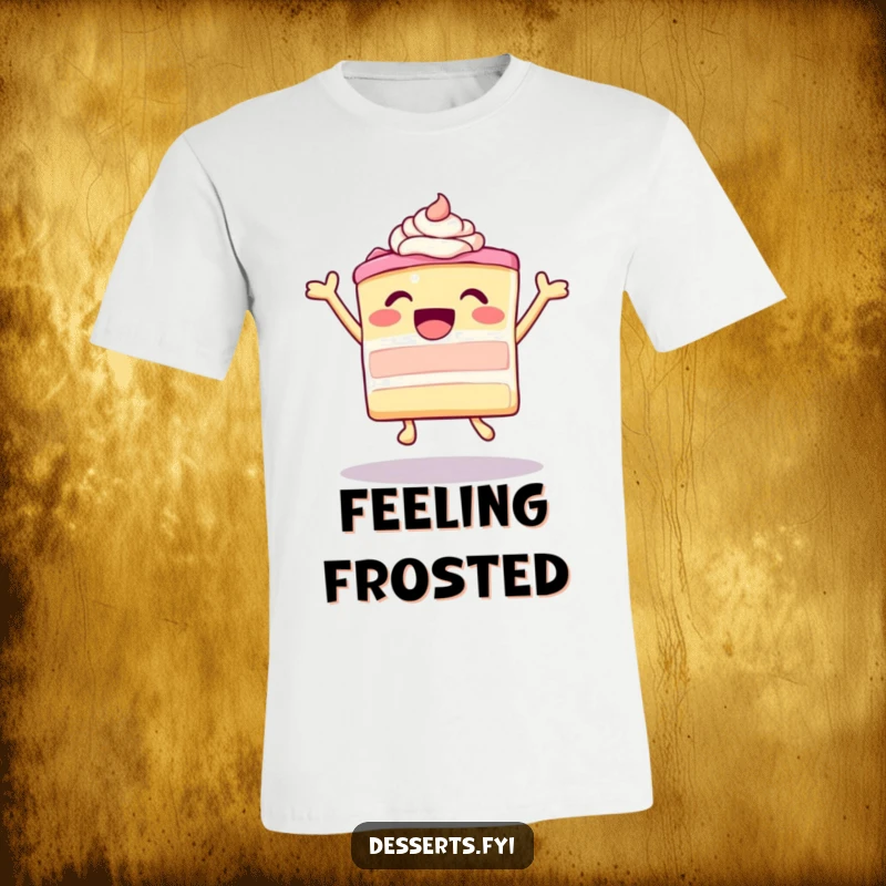 Funny leaping cake with ecstatic frosting design on a t-shirt, celebrating pure dessert happiness, ideal funny gift.