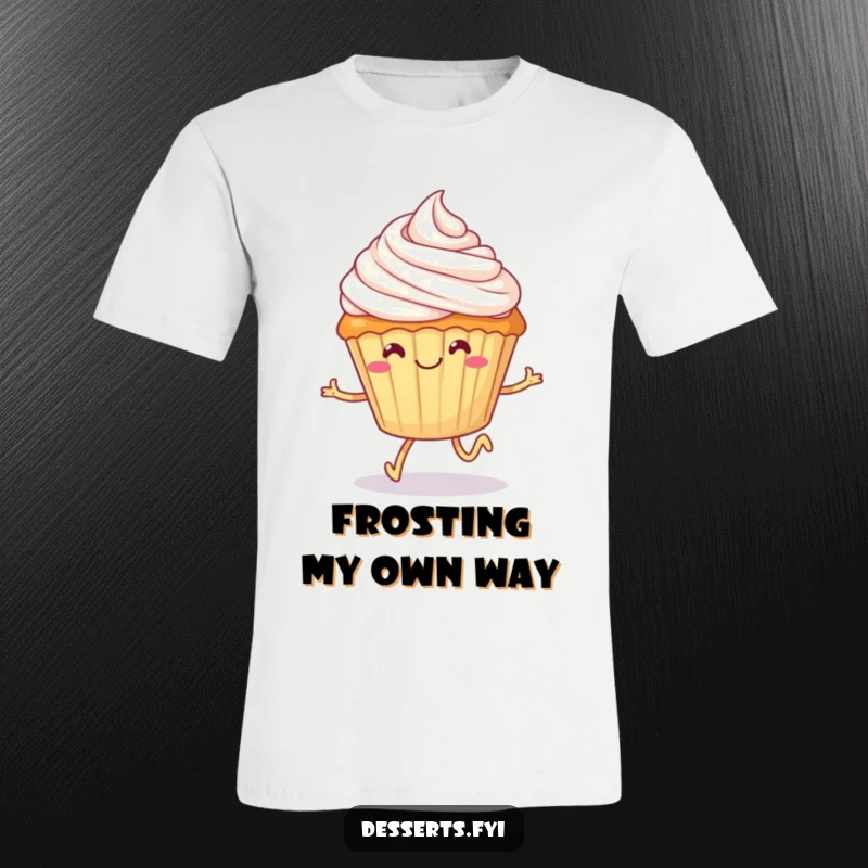 Funny cupcake t-shirt, a smiling dessert with tiny legs happily skipping with frosting on its head, showcasing joyous movement and sweet delight.