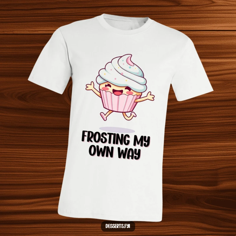 Funny cupcake t-shirt, a character joyfully leaping with a flourish of sparkly frosting, perfect for a fun and sweet look.