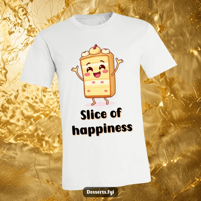 Funny t-shirt with a happy cake slice character doing a silly dance, perfect for celebrations and spreading joy.