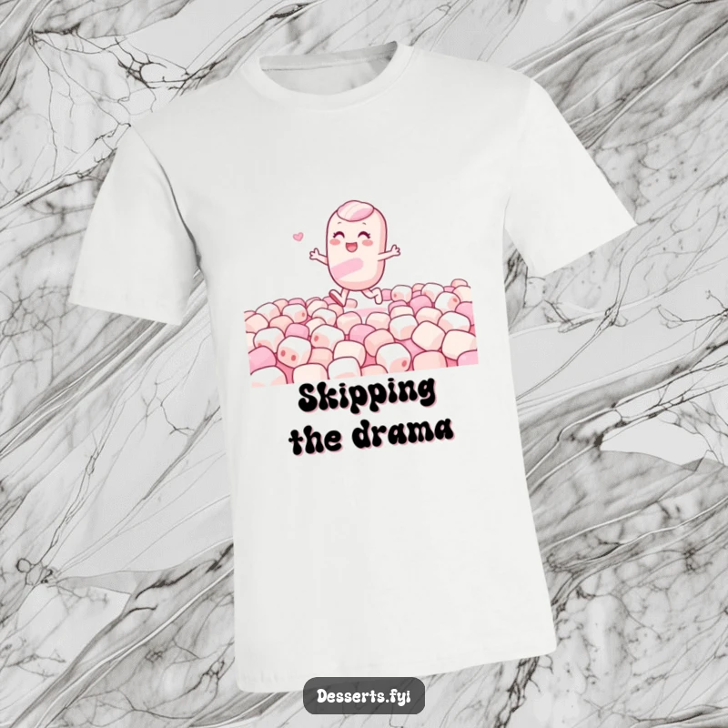 Funny t-shirt depicting a gleeful candy character happily skipping amidst a soft, white marshmallow landscape, conveying energetic fun.