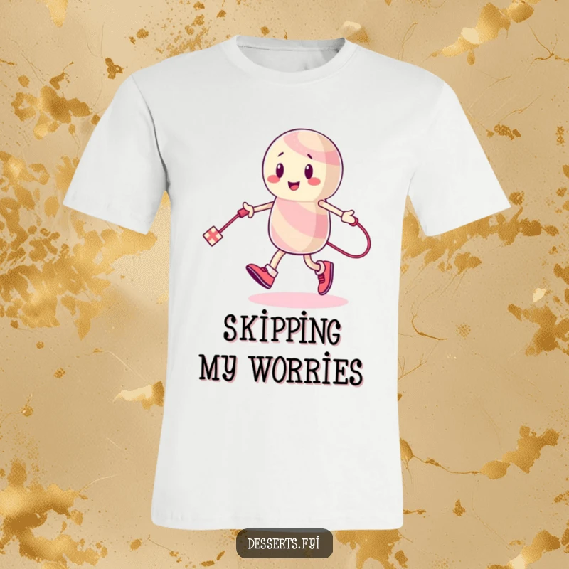 Funny T-Shirt: An energetic candy character is depicted skipping rope with a long licorice string, radiating cheerful, sweet energy.