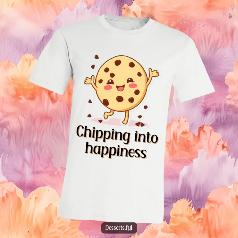 Funny cookie t-shirt, a character doing a happy dance with chocolate chips, showcasing pure joy and a love for treats.
