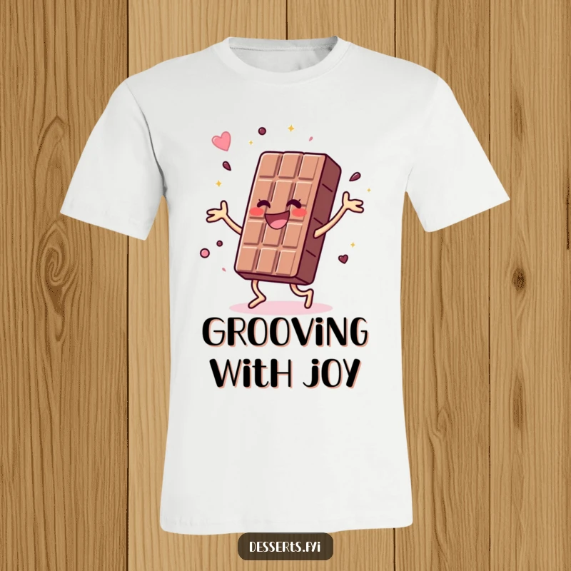 Funny t-shirt featuring a joyful chocolate bar doing a vibrant, energetic dance, perfect for expressing happiness, energy, and a love for sweets.