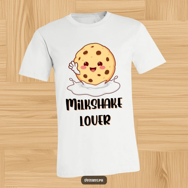 Funny T-Shirt: A happy cookie character gives a tiny wave from a refreshing milk puddle, radiating friendly and humorous vibes.