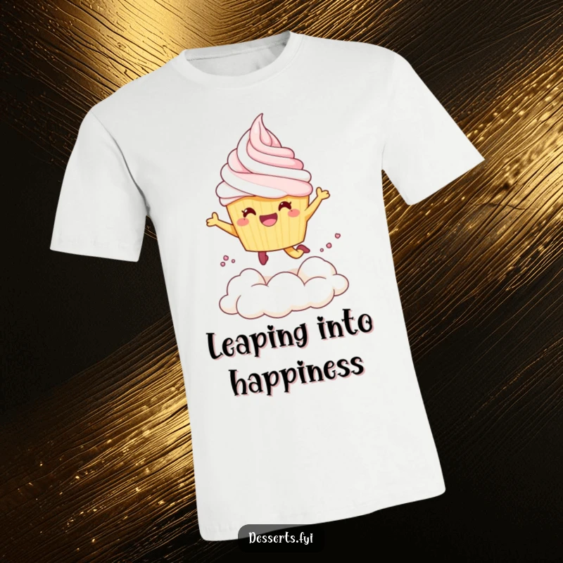 Funny T-Shirt: A cheerful cupcake character gleefully jumps into a delightful cloud of soft, fluffy whipped cream.