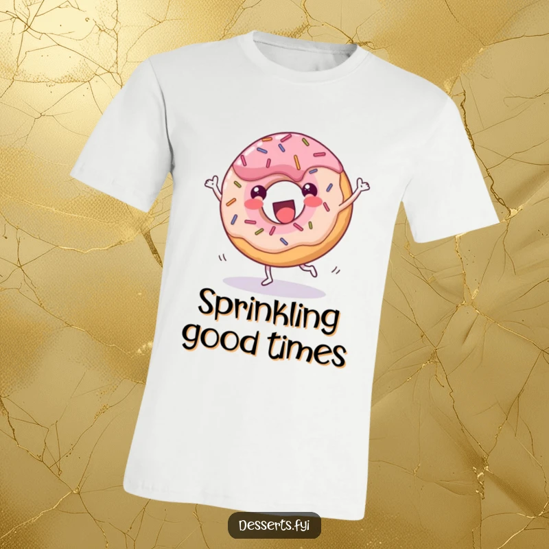 Funny donut t-shirt, a cheerful dessert with sprinkles doing a joyful cartwheel with glee, showcasing energetic fun and a playful attitude.