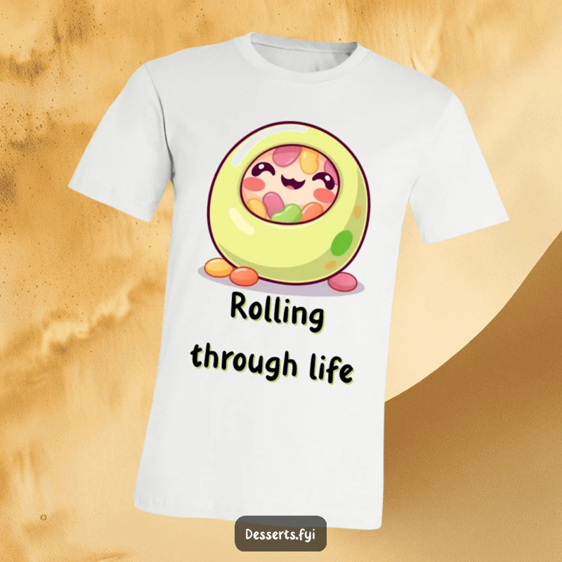 Funny jelly bean t-shirt showcasing a happy, rolling jelly bean character, symbolizing carefree fun and a sweet, colorful personality.