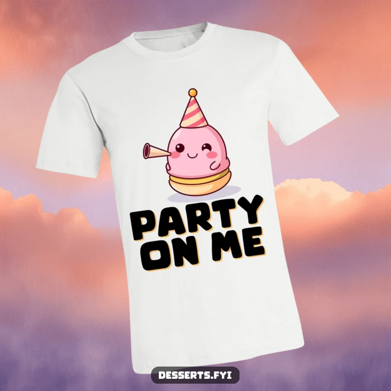 Funny T-Shirt: A happy macaron sporting a party hat and tooting a horn, embodying pure celebration.