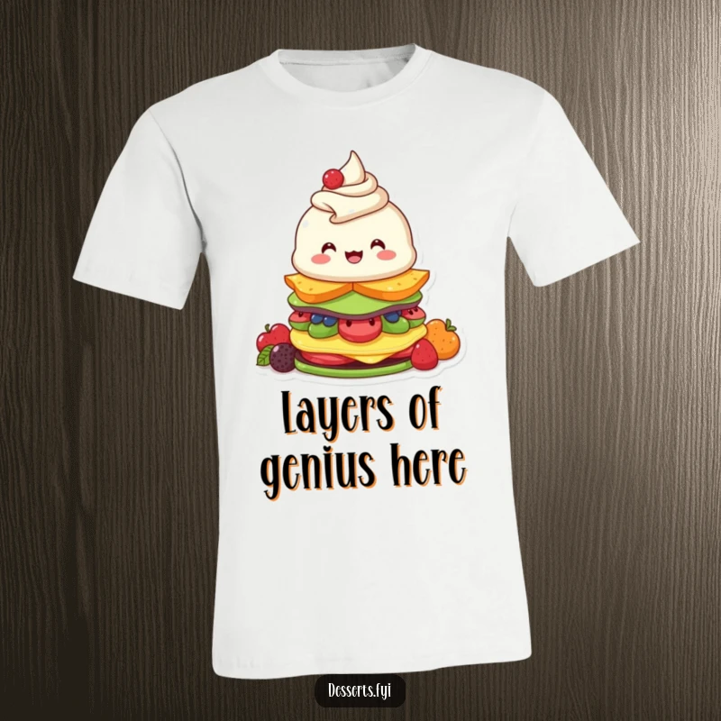 Funny T-shirt boasting a beaming parfait character with bright eyes, energetically piling fruity dessert layers, a humorous statement piece.
