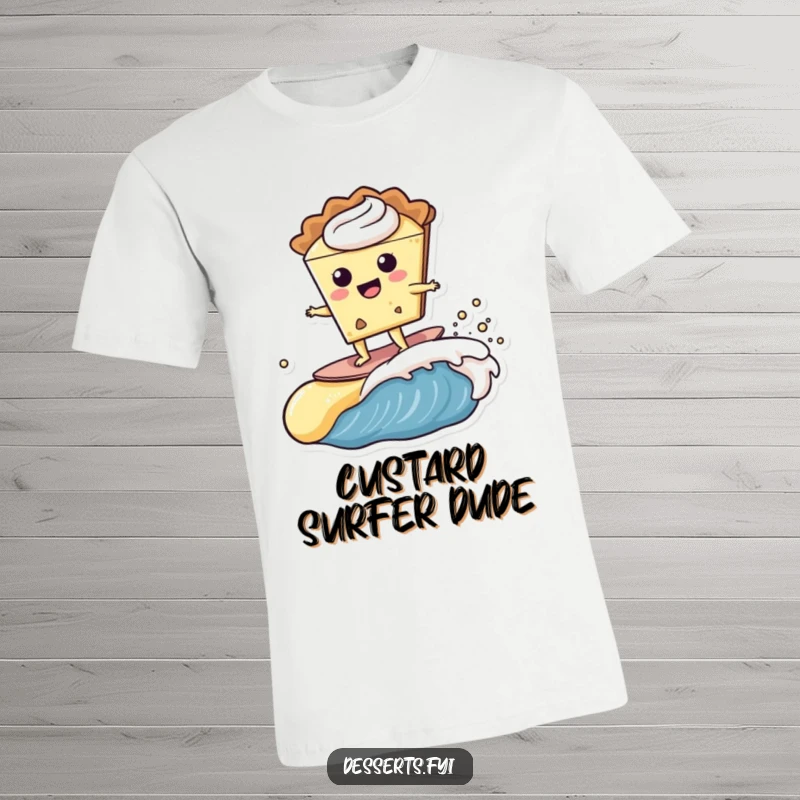 Funny happy slice of pie character riding a creamy custard wave with style on a t-shirt, capturing a sweet, humorous moment.