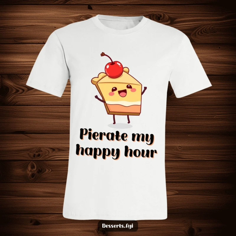 Funny T-shirt with a joyful slice of pie character dancing with a cherry on top, radiating happiness.