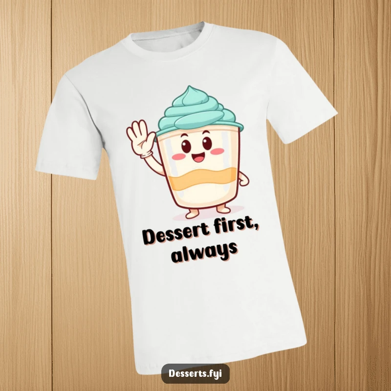 Funny t-shirt with a smiling pudding cup character offering an enthusiastic and cheerful salute, spreading positive vibes.