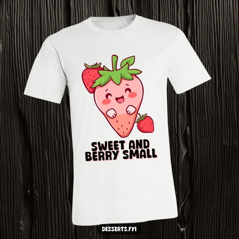 Funny t-shirt with a happy strawberry character peeking shyly from behind a berry, showcasing a cute and playful moment.