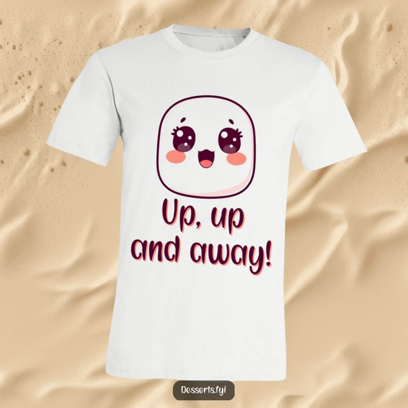Funny t-shirt with a surprised marshmallow floating upwards, eyes wide with happy astonishment, perfect for expressing cheerful surprise and a love for sweet treats.
