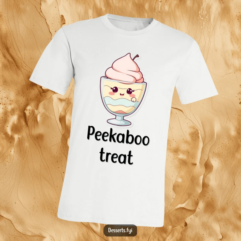 Funny t-shirt with a giggling parfait character peeking out from its glass, symbolizing sweet joy and delight.