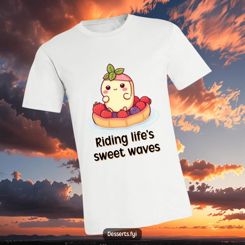 Funny t-shirt showing a buoyant tart character calmly floating on a raft constructed from various berries, illustrating a serene, sweet journey.
