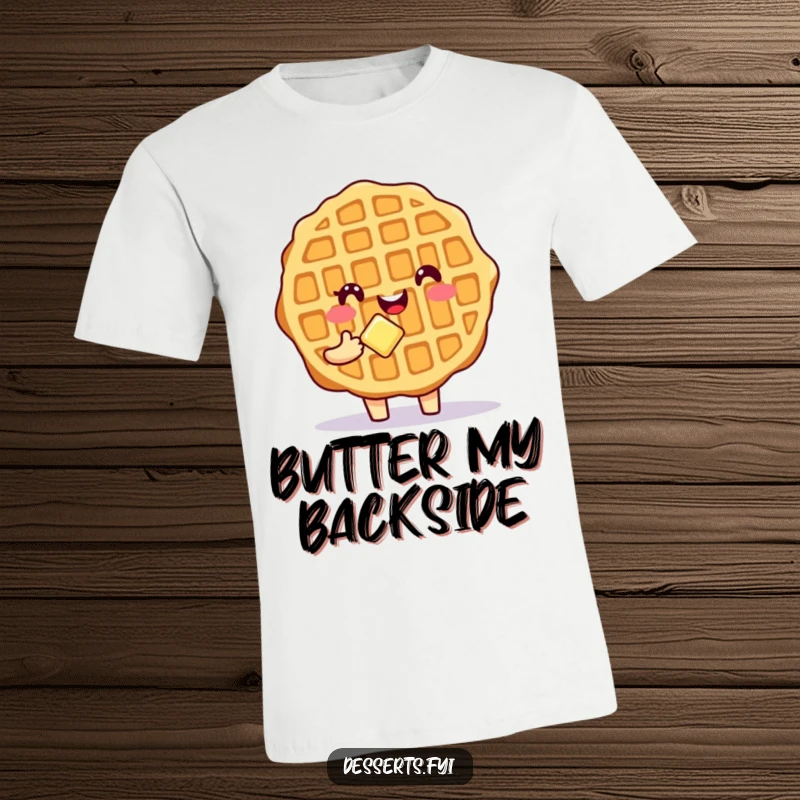 Funny Waffle Character T-Shirt showcasing a happy waffle character holding a tiny pat of butter, a delightful and humorous apparel.