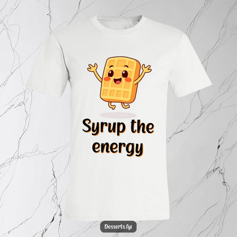 Funny t-shirt with a happy waffle character doing energetic jumping jacks, perfect for a playful and active look.