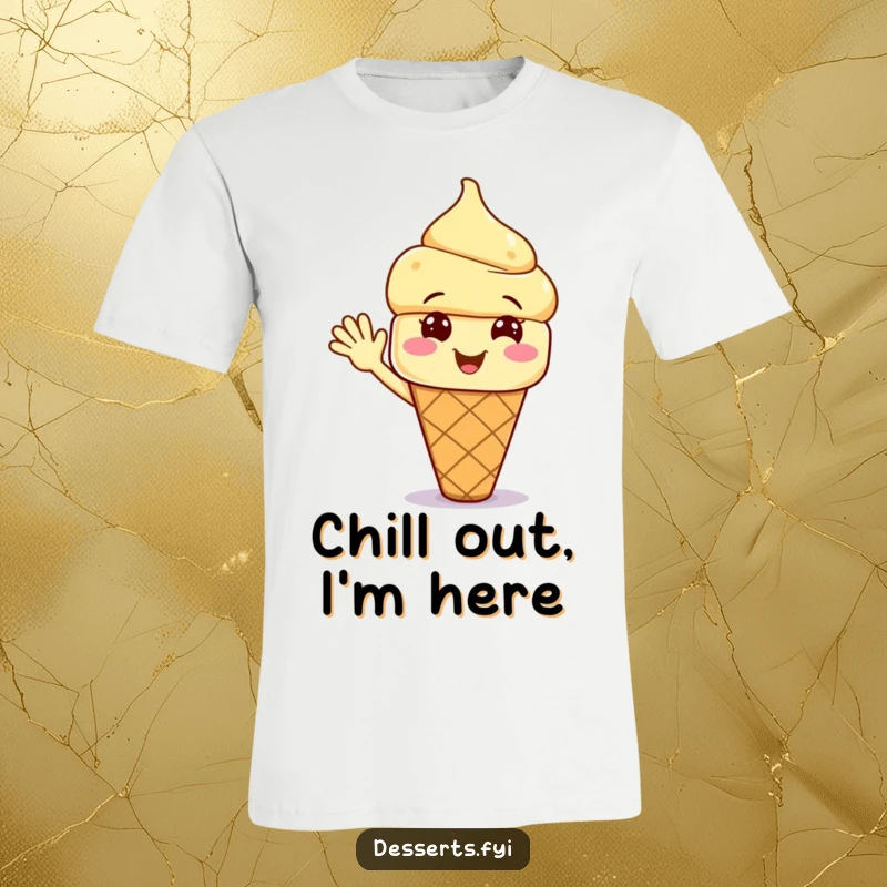 Funny t-shirt featuring a smiling ice cream cone character with a big, happy wave, conveying pure joy and humor.