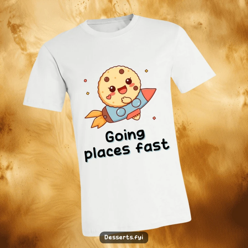 Funny T-Shirt: A cheerful cookie character blasts off with speed on a tiny rocket, exuding playful energy.