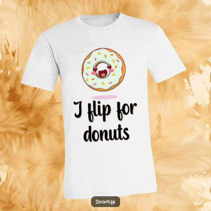 Funny T-shirt with a cheerful donut character with sprinkles doing a somersault, radiating pure fun.