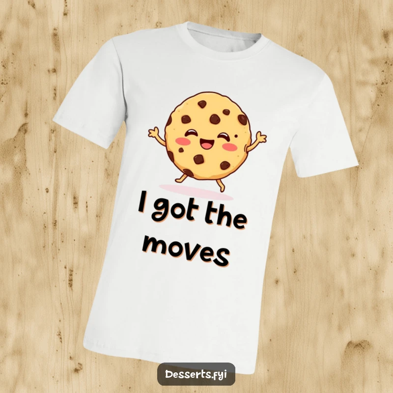 Funny T-Shirt displaying a cheerful cookie character with chocolate chips performing a joyful dance, perfect for cookie enthusiasts and dancers.
