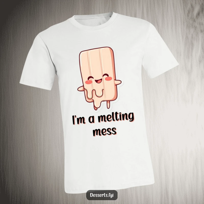 Funny t-shirt with a joyful, slightly melting candy bar character, radiating pure glee. A delicious and humorous apparel choice for all.