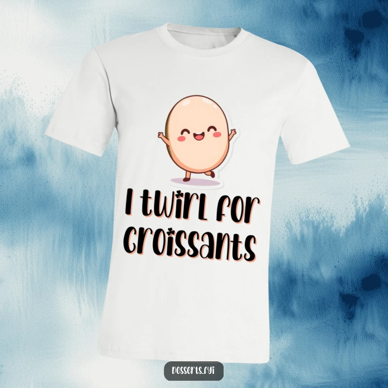 Funny Macaron Twirl T-Shirt depicting a delighted macaron character performing a graceful twirl, a chic and humorous apparel choice.