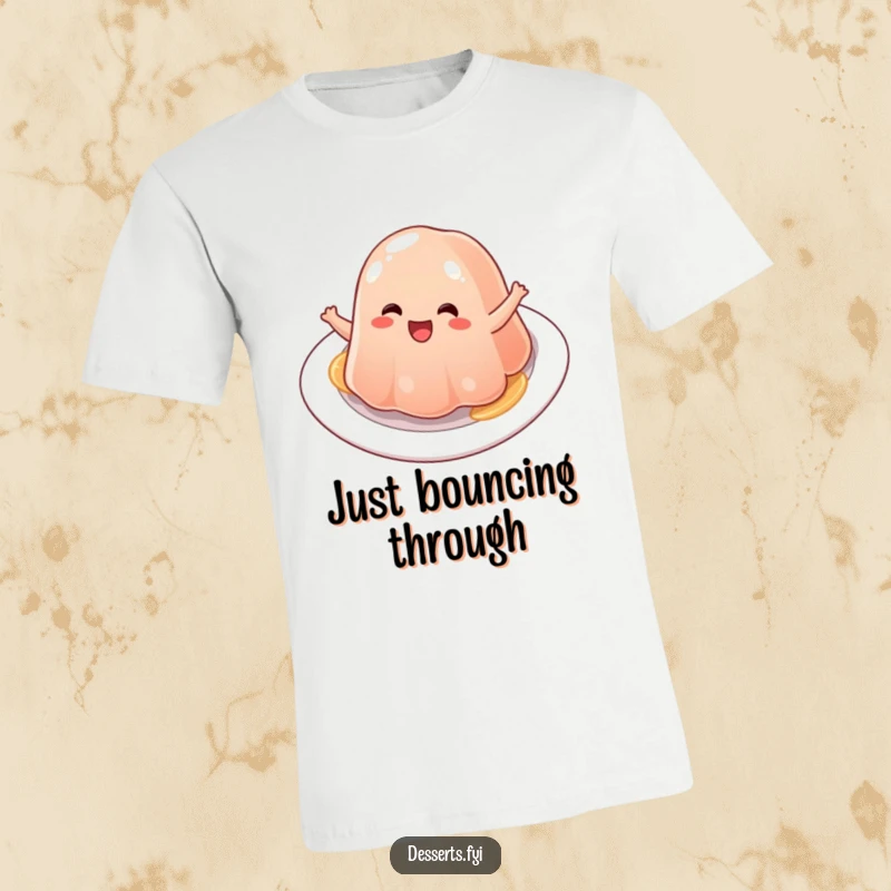 Funny jelly t-shirt, a character joyfully bouncing with delight, showcasing its wobbly nature and pure happiness.